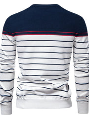 Nautical stripe crewneck sweater in navy and white with red accent stripe.