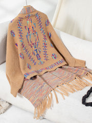 Camel knit cardigan with Aztec pattern and fringe detail