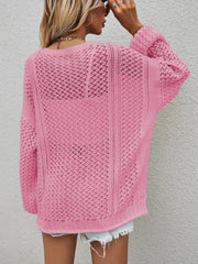 Open-knit button-down cardigan in Dusty Pink acrylic with balloon sleeves and a relaxed fit.