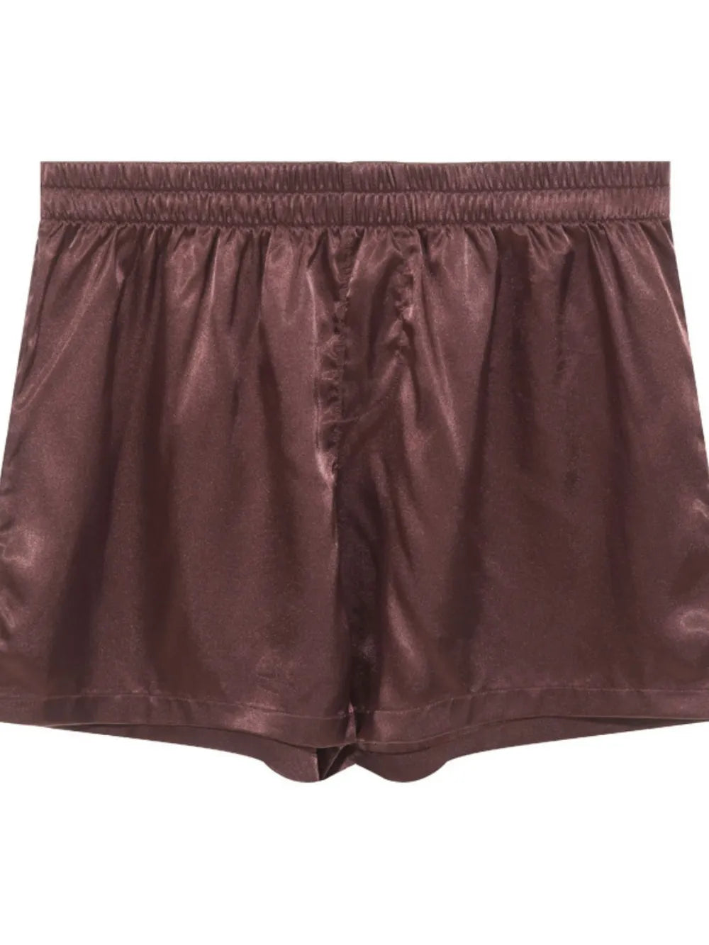 Satin boxer shorts in coffee brown with an elastic waistband.