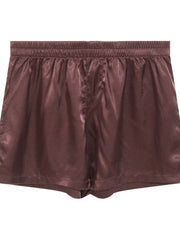 Satin boxer shorts in coffee brown with an elastic waistband.