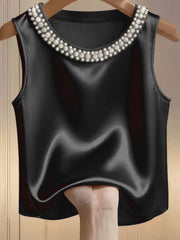 Black satin tank top with pearl embellished neckline