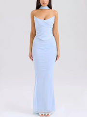 Sky blue sweetheart tube top dress with ruched bodice and flowy maxi skirt.