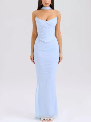 Sky blue sweetheart tube top dress with ruched bodice and flowy maxi skirt.
