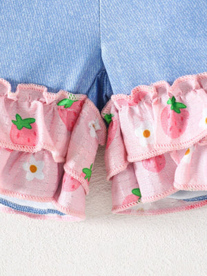 Baby cami set with strawberry print ruffles and denim shorts.