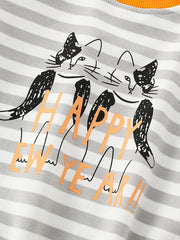 Striped crew-neck sweatshirt in light gray with cat graphic and orange "Happy New Year" text.