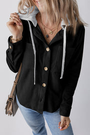 Black corduroy shirt jacket with contrast gray hood and button front.
