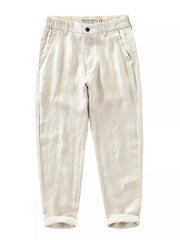 Men's raw hemp color linen cropped sweatpants with cuffed hems.