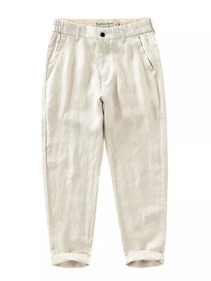Men's raw hemp color linen cropped sweatpants with cuffed hems.