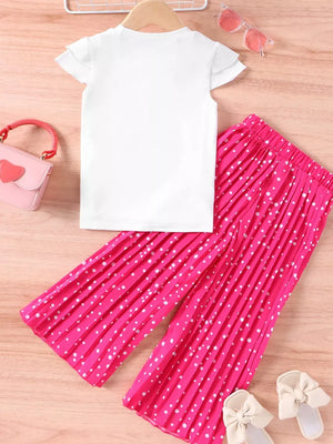 Baby outfit: white ruffled sleeve tee with pink polka dot pleated pants.