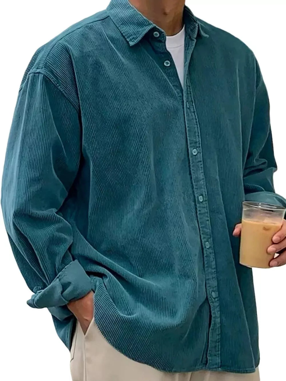 Men's teal corduroy button-up shirt with classic collar and long sleeves.