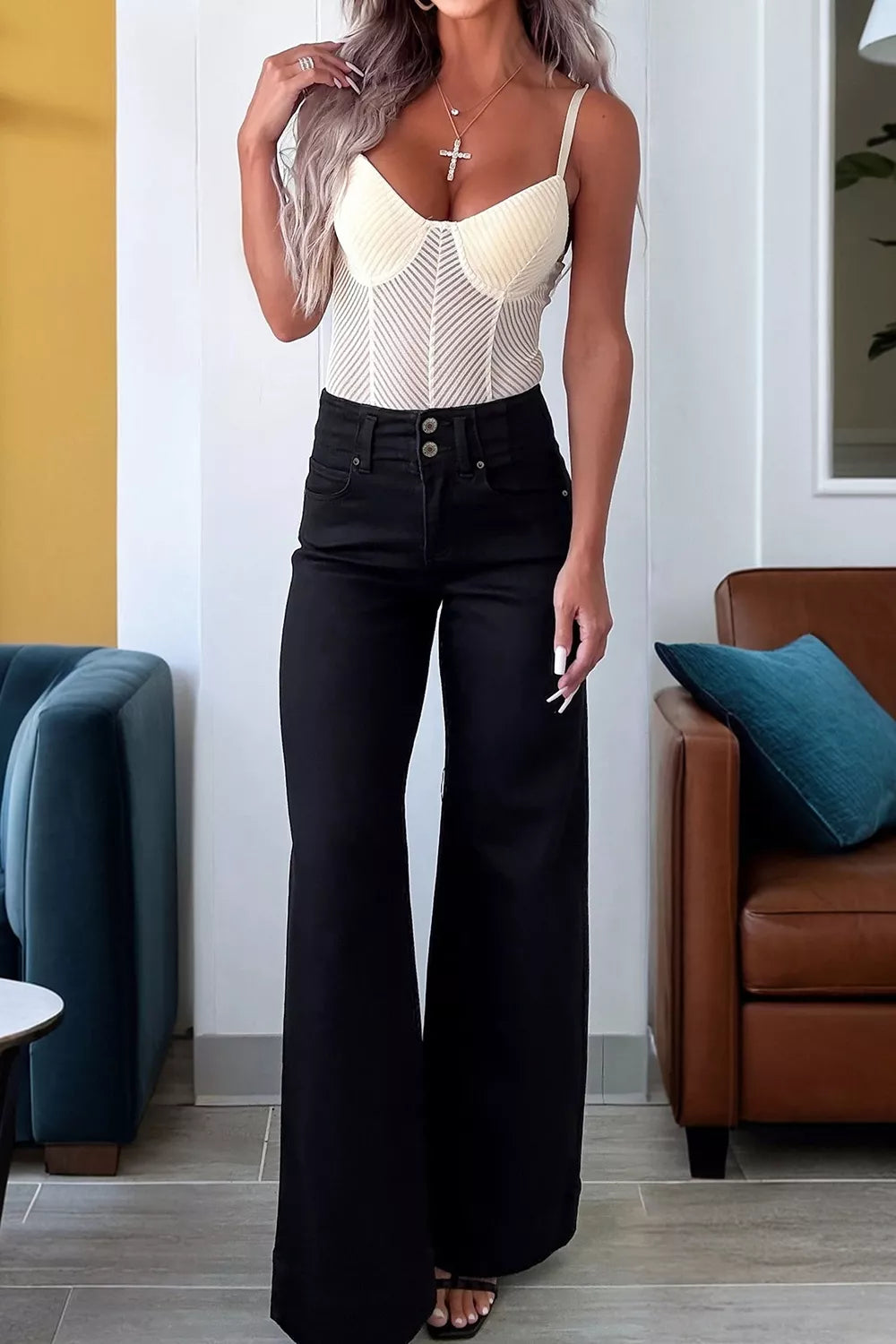 2-button High Waist Flared Jeans, front view
