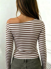 Striped One Shoulder Long Sleeve T-shirt in Brown, back view