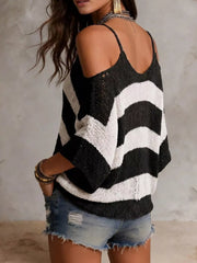 Striped Cold Shoulder Sweater in Black, model styling view