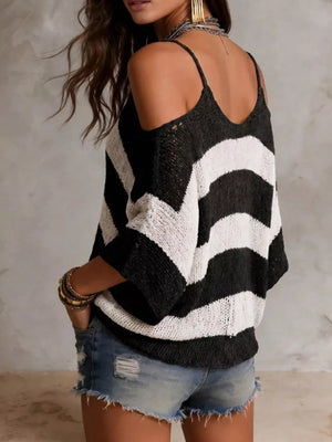 Striped Cold Shoulder Sweater in Black, model styling view