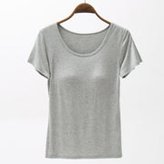 Gray built-in bra scoop neck tee with short sleeves.