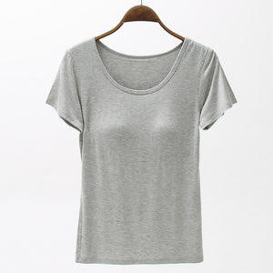 Gray built-in bra scoop neck tee with short sleeves.