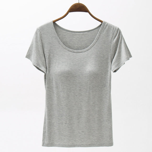 Gray built-in bra scoop neck tee with short sleeves.
