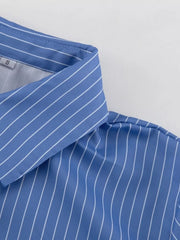 Striped Buttoned Shirt And Mini Skirt Set in Dusty Blue, fit detail