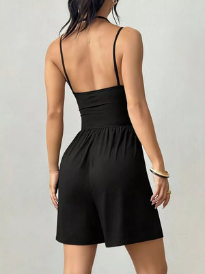 Ruched Spaghetti Strap Romper in Olive Green, view 15