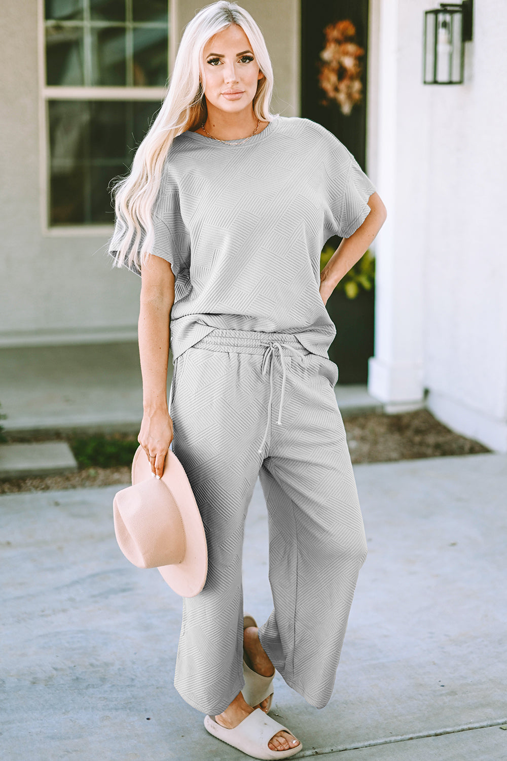 Light gray textured knit tee and wide leg pants set with drawstring waist