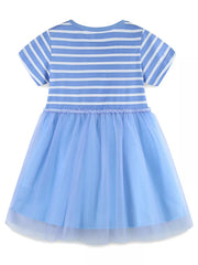 Baby blue tulle dress with white striped bodice and ruffled waist