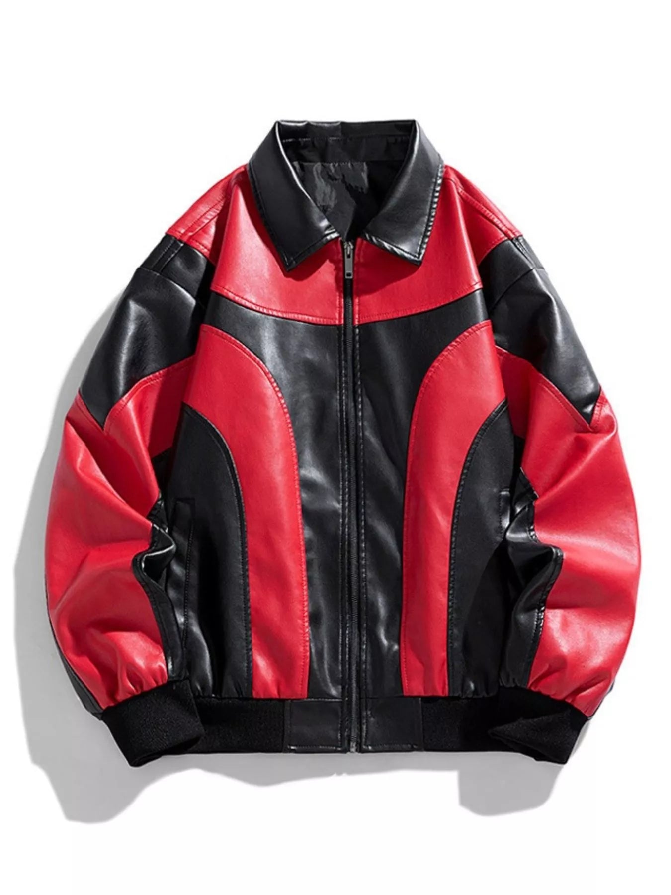 Red and black faux leather bomber jacket with colorblock detail and zip closure