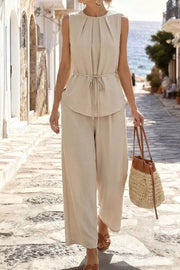 Pleated Sleeveless Top And Wide-leg Pants Set in Beige, model styling view