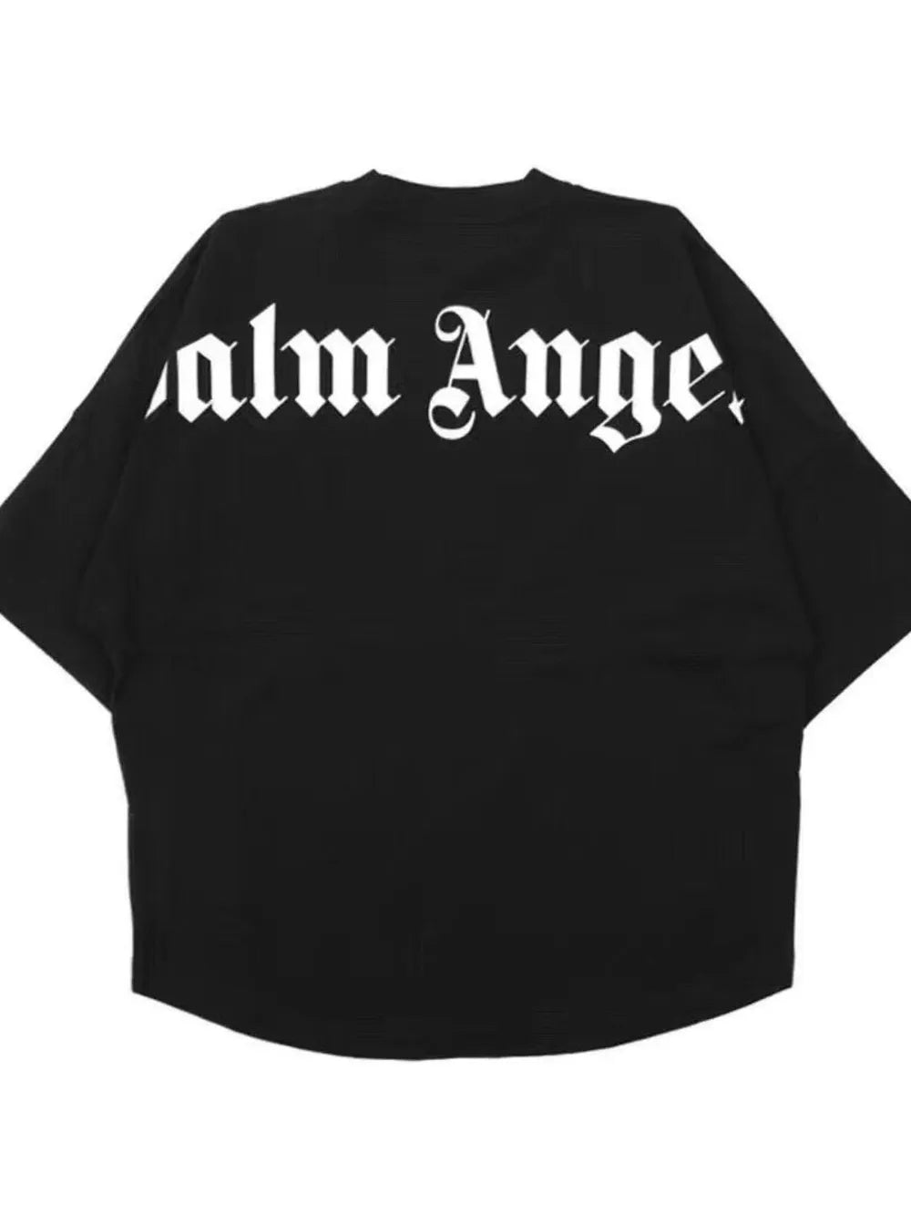 Black oversized tee with white gothic-style back print.