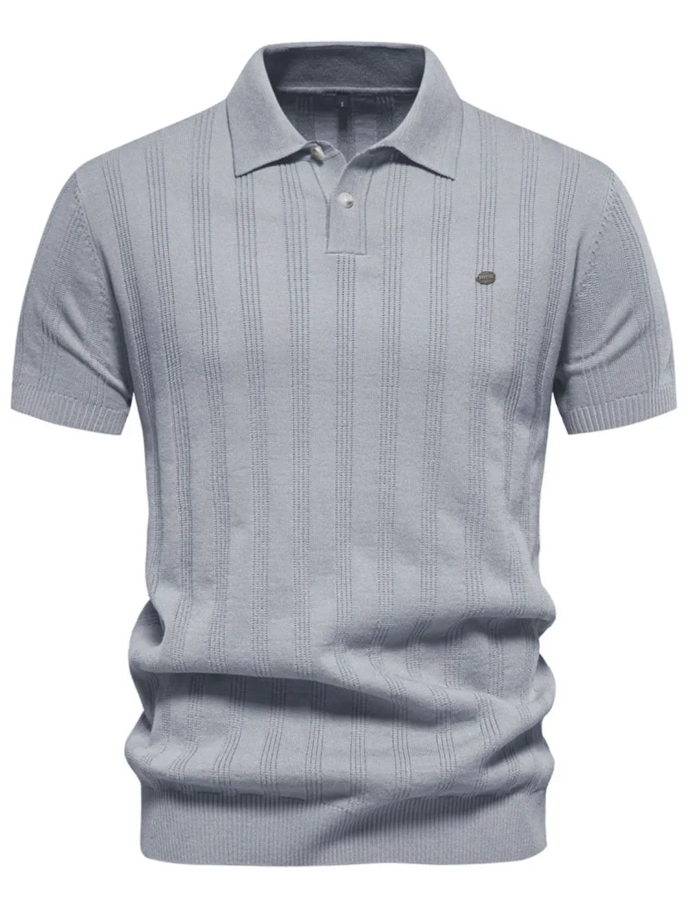 Gray ribbed knit polo shirt with vertical texture detail and short sleeves.