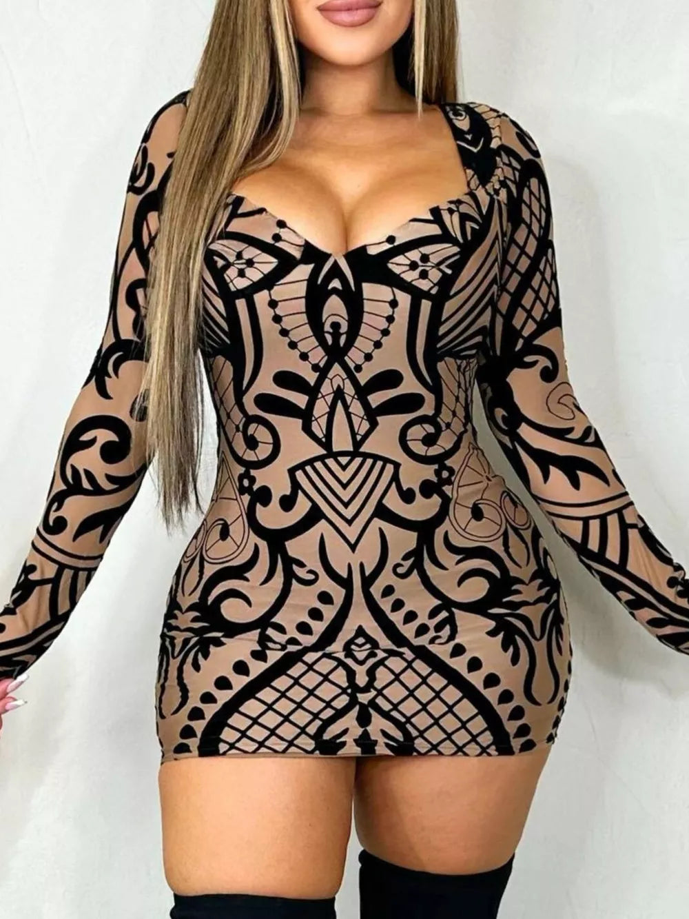 Abstract Print Long Sleeve Mini Dress in Multicolor, front view