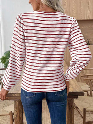 Textured knit long-sleeve t-shirt in white with scarlet stripes, featuring a waffle knit and puff sleeves.