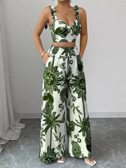 Green tropical print crop top and wide-leg pants set with tie straps and smocked waist