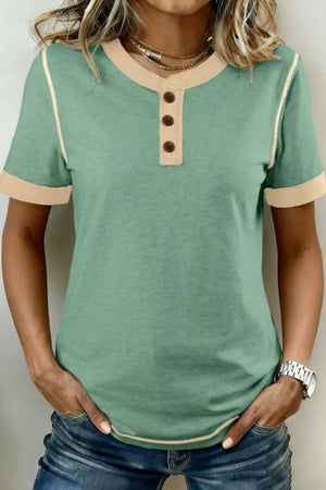 Green cotton short sleeve henley blouse with beige trim and buttons