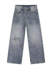 Rugged wide-leg denim jeans for men in light blue wash with distressed details.