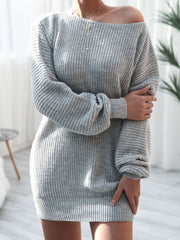 Grey balloon sleeve sweater dress with off-the-shoulder neckline and ribbed knit detail.