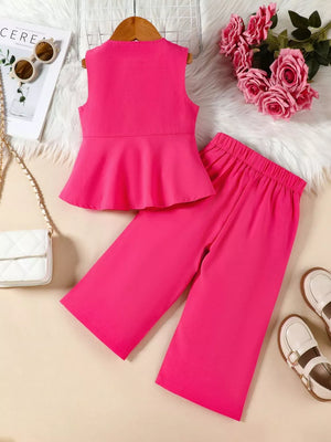 Pink two-piece baby outfit with peplum top and wide-leg pants, pleated detail