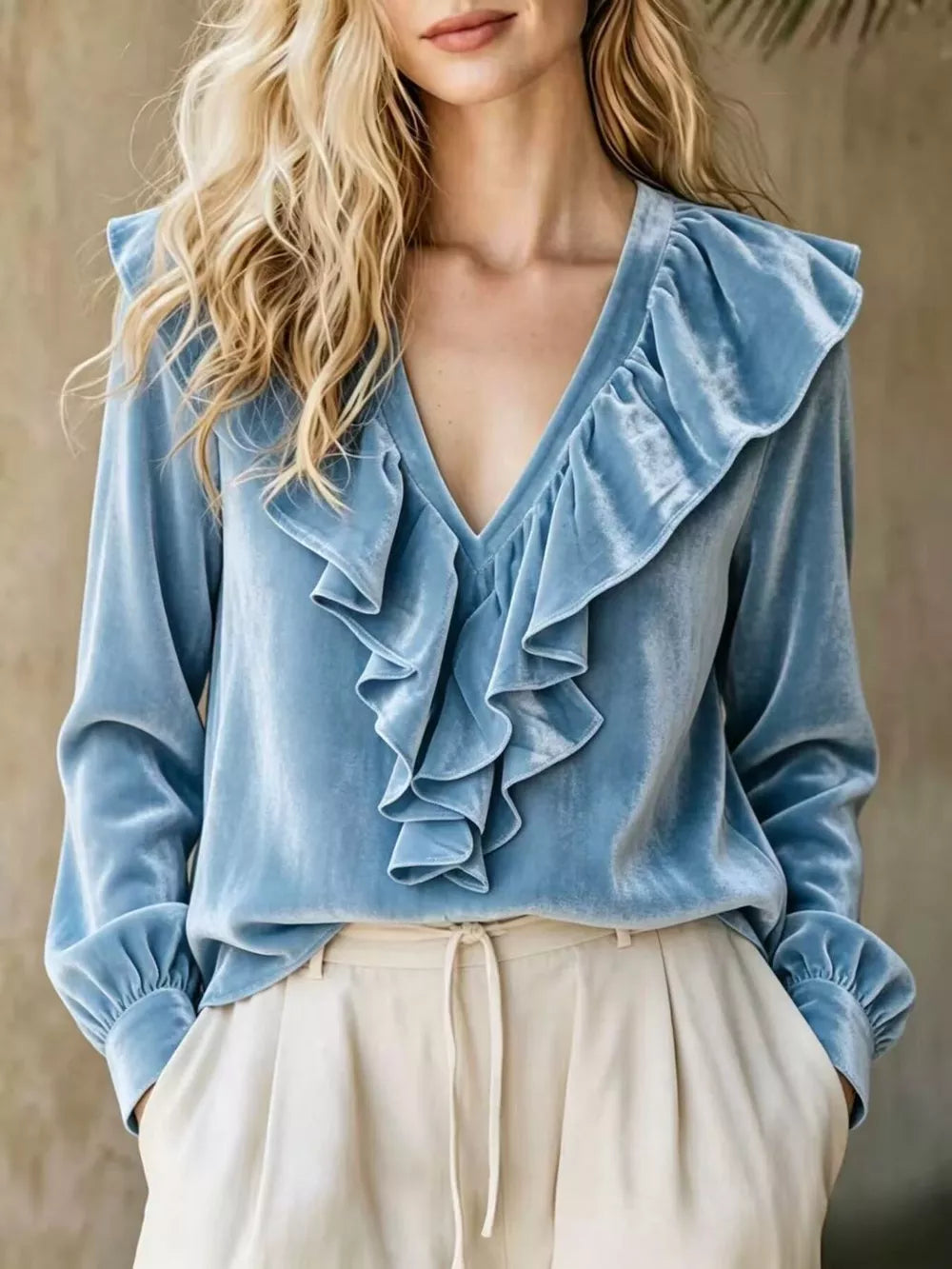Full Size Ruffled V-neck Long Sleeve Blouse, alternate angle