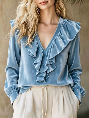 Full Size Ruffled V-neck Long Sleeve Blouse, alternate angle