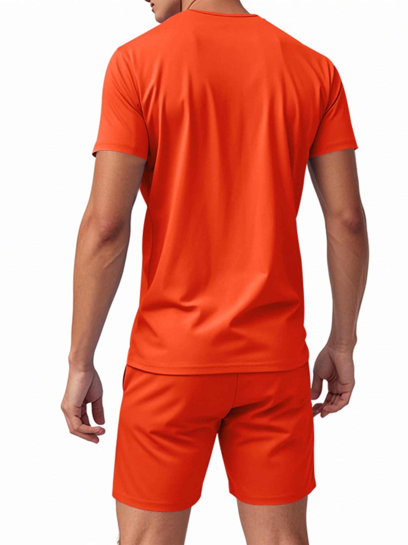 Orange v-neck tee and shorts set with drawstring shorts