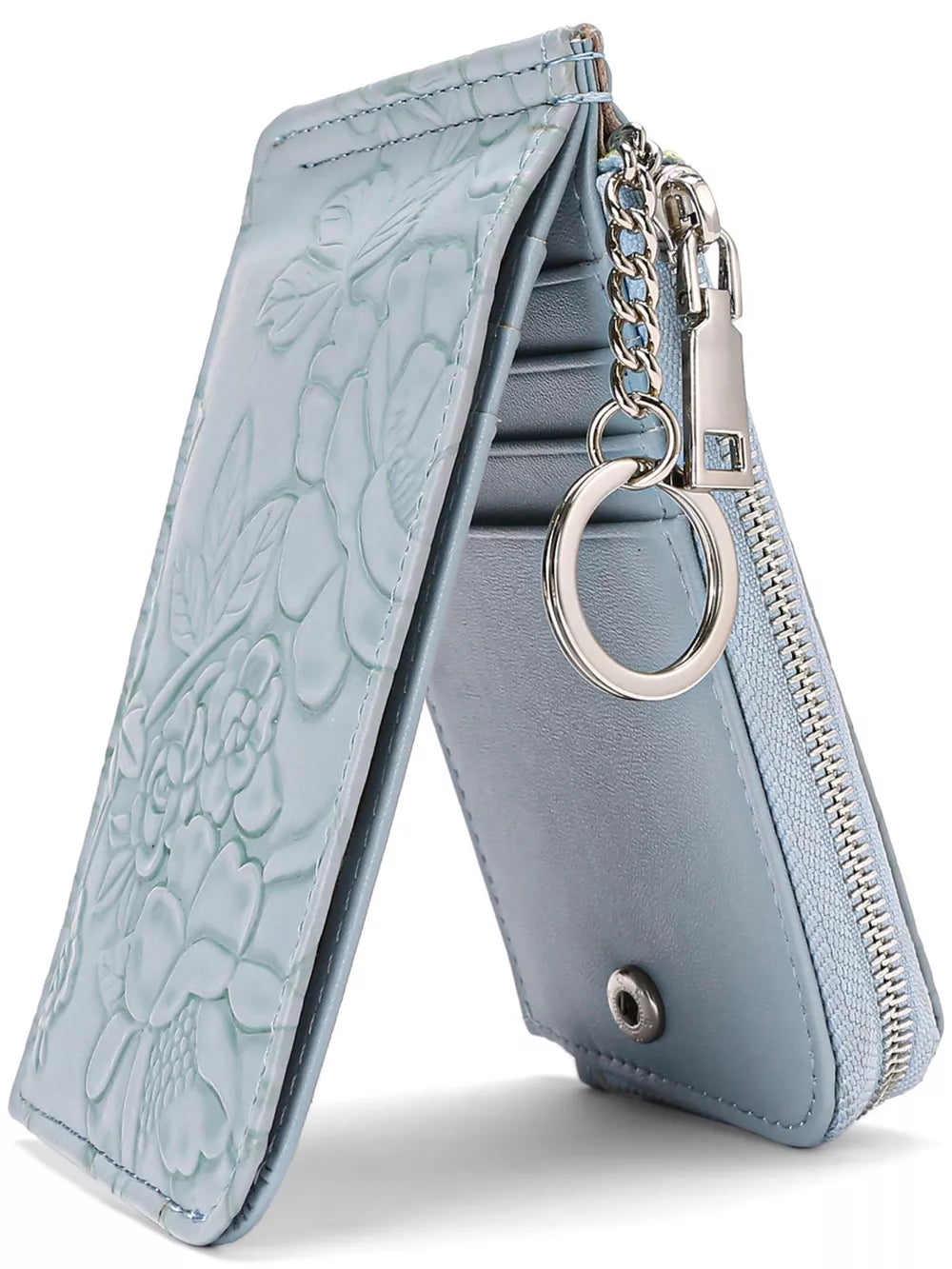 Light blue floral embossed mini wallet with chain and keyring detail.
