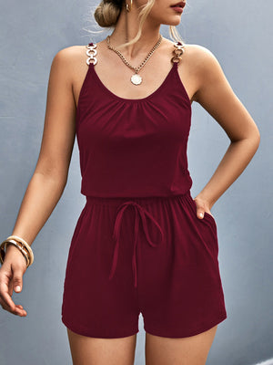 Burgundy chain-strap drawstring romper with scoop neck and cinched waist