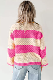 Striped Colorblock Drop Shoulder Sweater in Hot Pink, side view