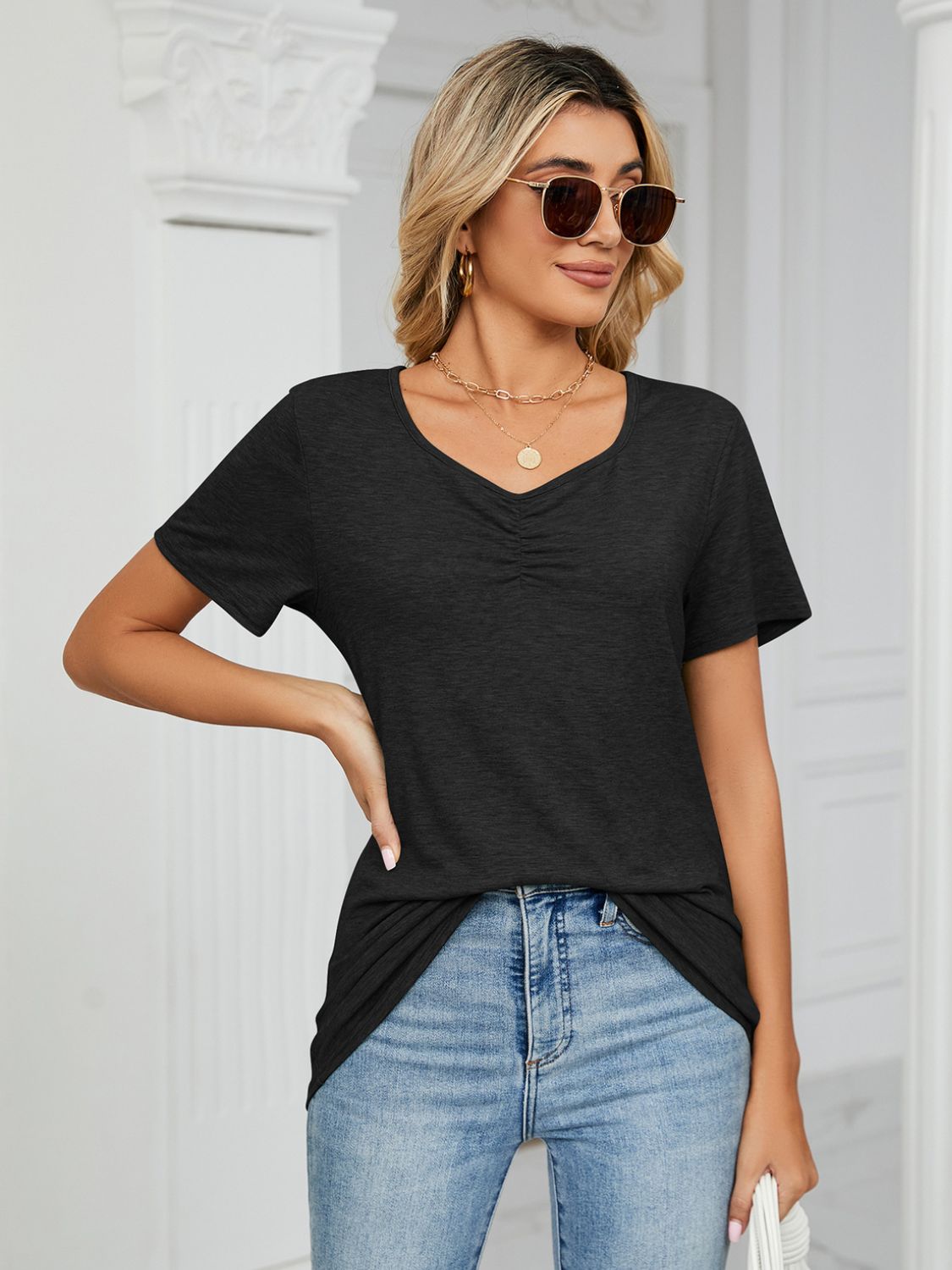 Black ruched V-neck jersey t-shirt with short sleeves.