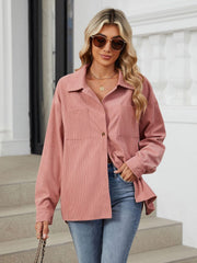 Dusty pink corduroy overshirt with button front and chest pockets.