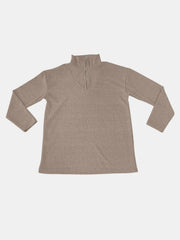 Taupe ribbed knit quarter-zip pullover sweater with a mock neck.