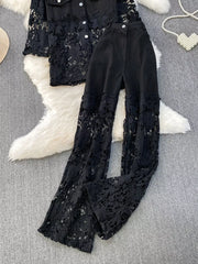 Black lace-embellished two-piece set with collared button-up top and wide-leg pants.