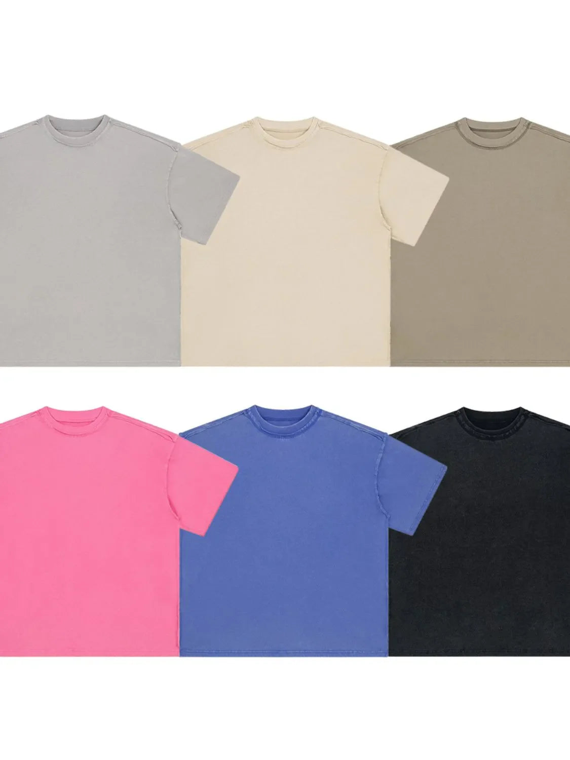Raw seam washed cotton tees in black, gray, beige, blue, and hot pink.