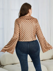 Brown checkered bell sleeve blouse with collared neckline.
