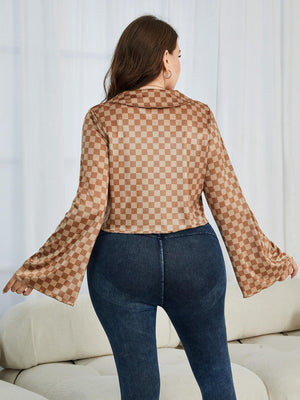 Brown checkered bell sleeve blouse with collared neckline.